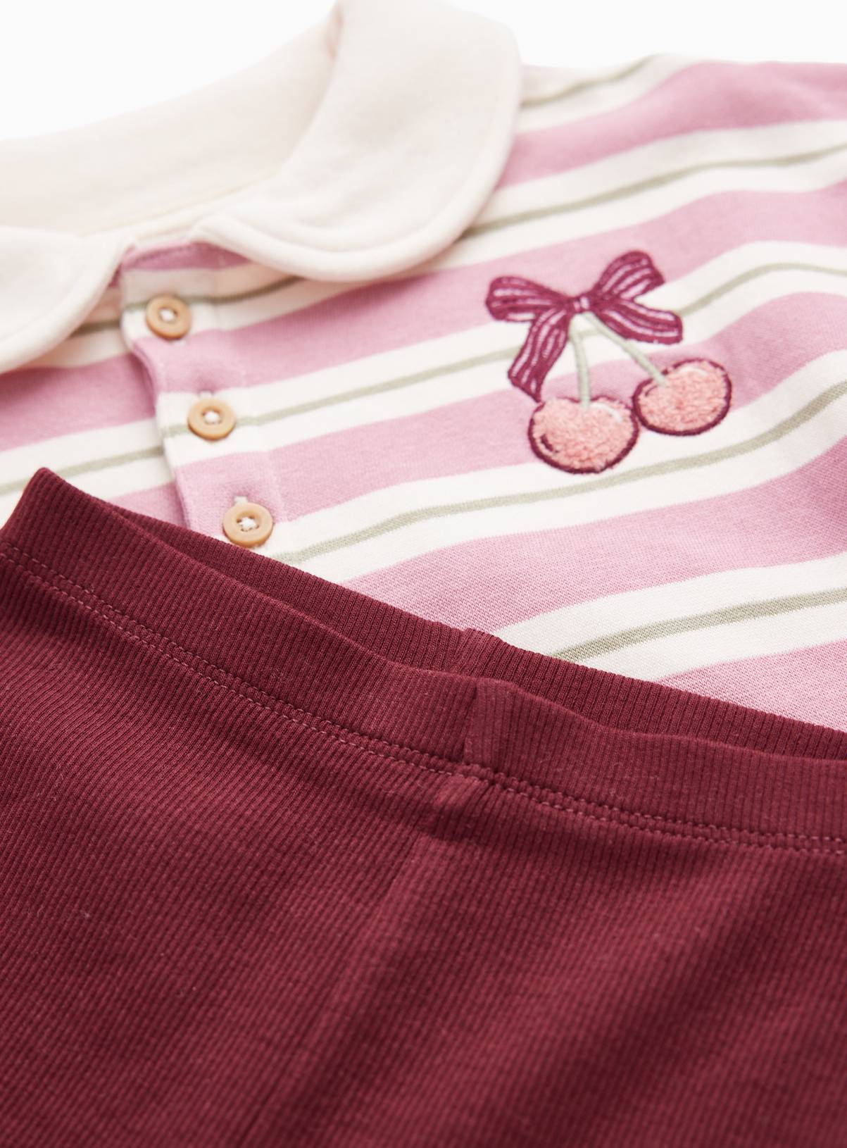 Pink Cherry & Bow Motif Striped Polo & Legging Set 12-18 months - Image 2
